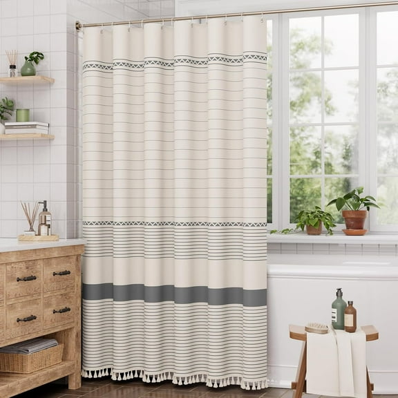 Shower Curtain Striped Tassel Shower Curtains for Bathroom 72x72 Neutral Shower Curtain, for Bathroom Natural Striped Shower Curtain with Tassel