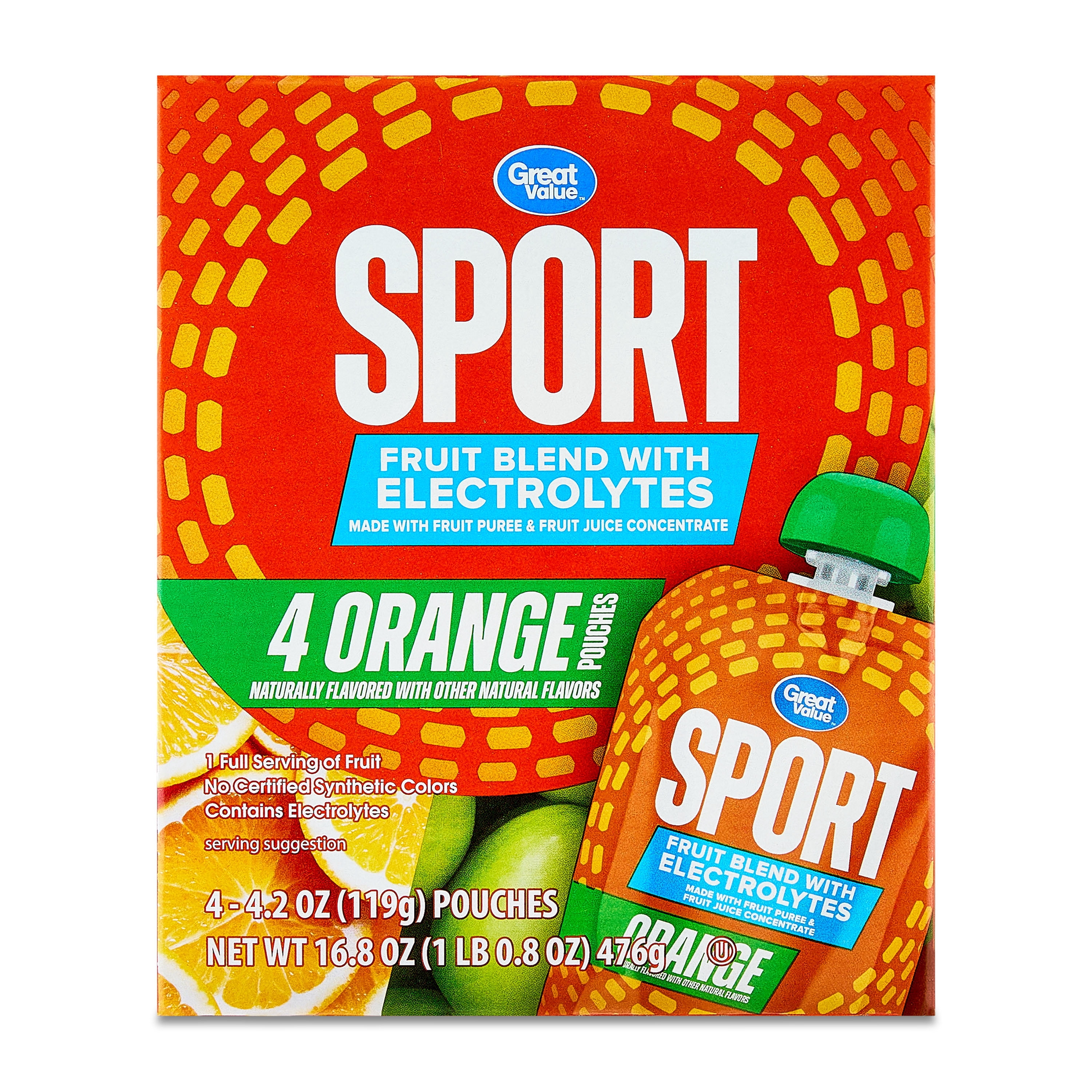 (4 pack) Great Value Sport Fruit Blend Applesauce with Electrolytes, Orange, 16.8 oz, 4 Count Carton