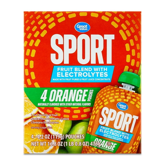 Great Value Sport Fruit Blend Applesauce with Electrolytes, Orange, 16.8 oz, 4 Count Carton