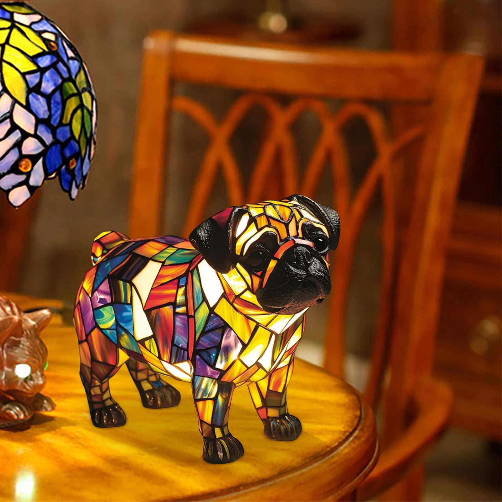 Dog Series Pug Lamp Stained Glass LED Night Light with Soft Warm Glow