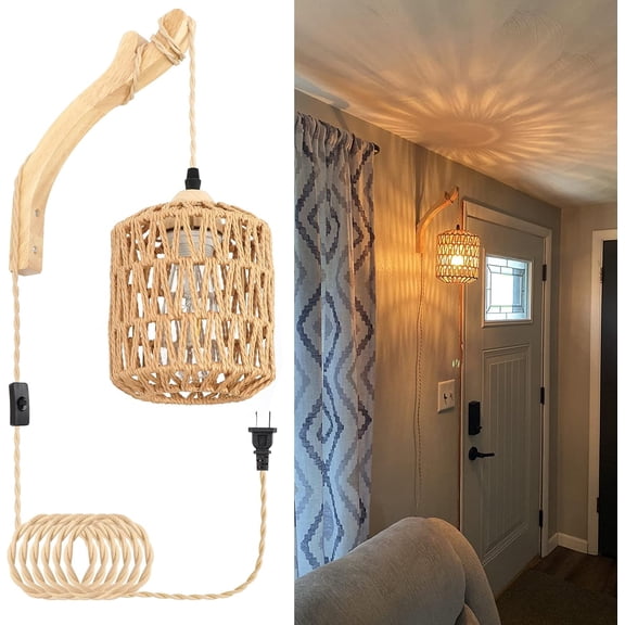 Motent Plug in Cord Wall Light - Hemp Rope Cord 9.84FT Boho Wall Lamps with Switch for Living Room