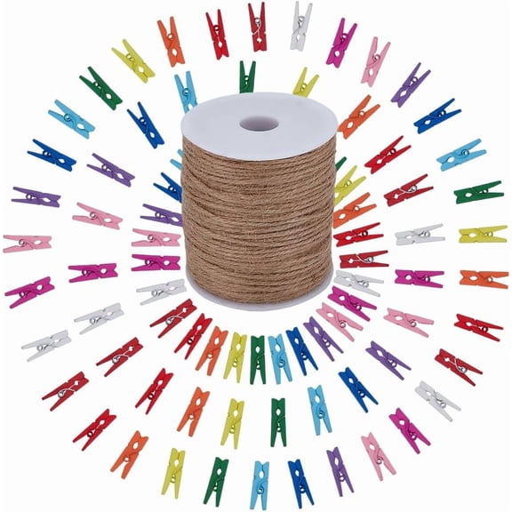 100Pcs 1 Inch Mini Colored Clothespins Wooden oto Clips with 109 Yards Jute Twine Natural Wood Clothes Pins oto Display Hanging