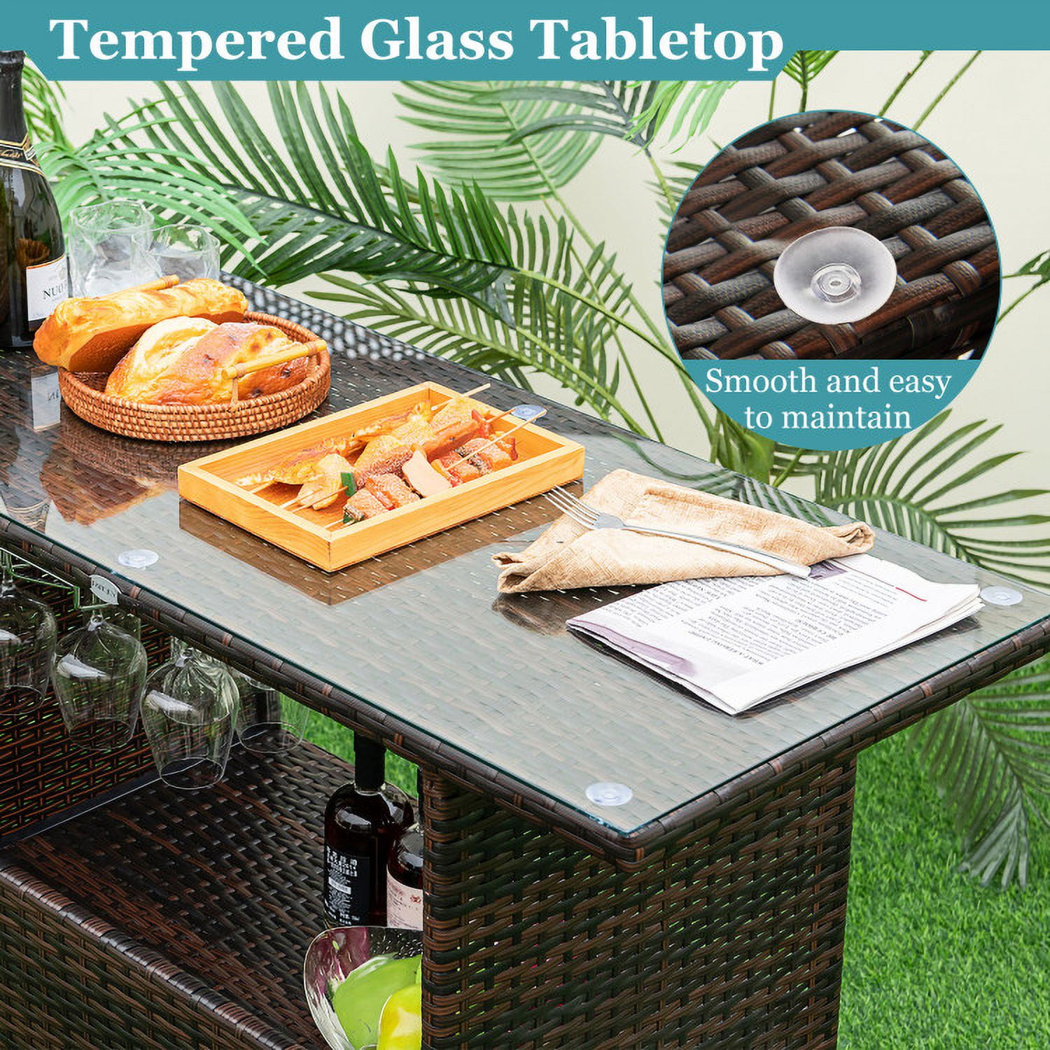 Aimee Lii 3 Pieces Outdoor Wicker Bar Set with 3 Rows Stemware Racks, Outdoor Patio Furniture