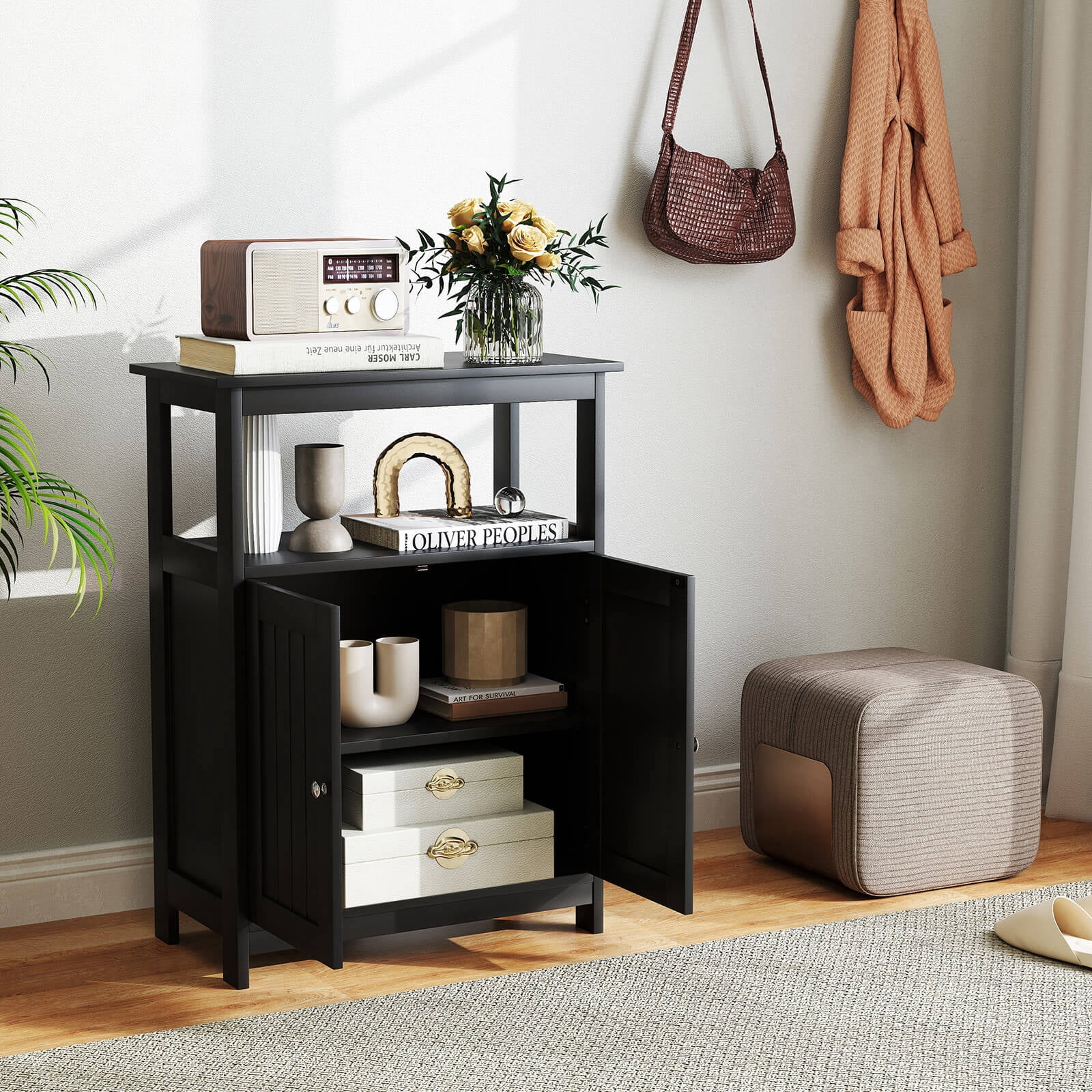 Costway Bathroom Floor Cabinet Freestanding Storage Organizer with 2 Doors Open Compartment Black
