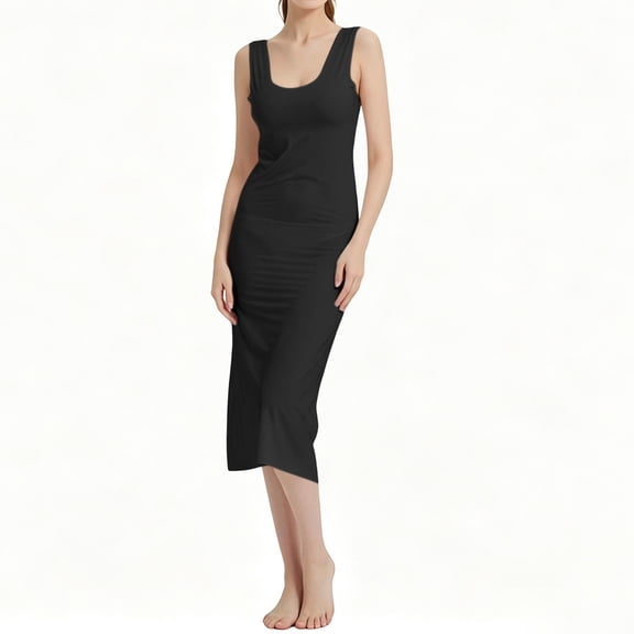APEXFWDT Women's Sleeveless Full Slip Dress Round Neck Stretch Underdress Long Slip Nightgown for Layering Lounge and Sleep