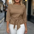 thumbnail image 5 of Favoffer Bandage Blouse Tops Women's 3/4 Sleeve Round Neck Solid Detail Shirts Regular Fit Casual Tops Summer Street Daily, 5 of 5