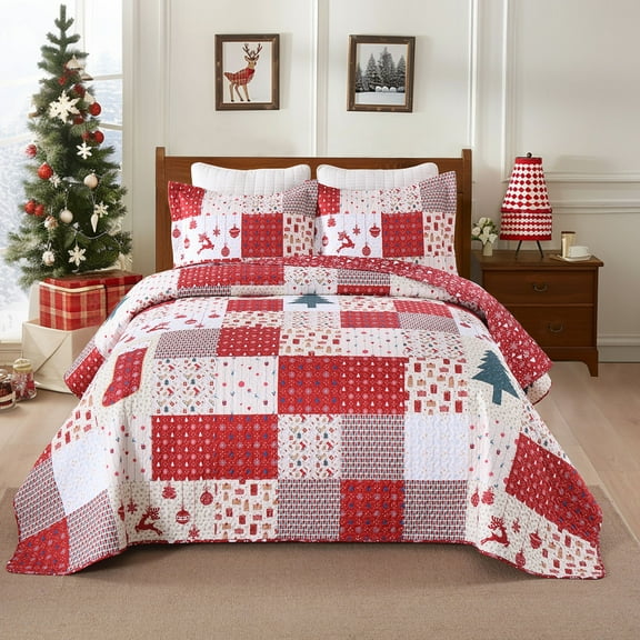 Christmas Themed 3 Pcs Patchwork Quilt Set Snowflake Design Cozy Bedspread for Holiday Season