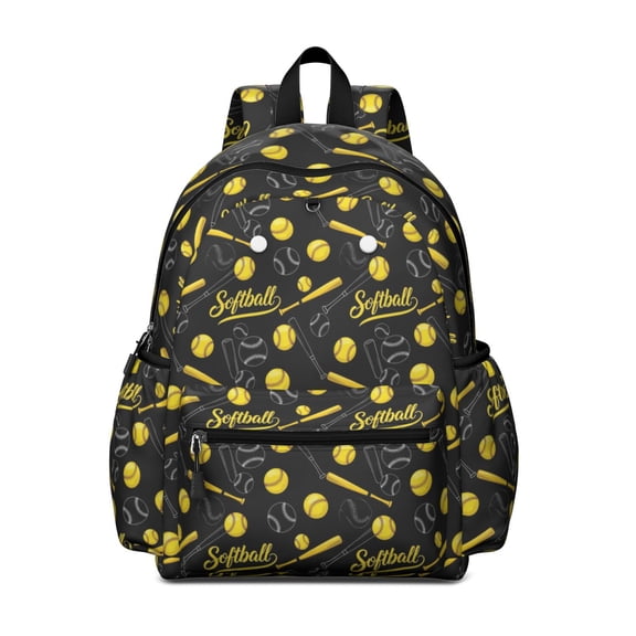 Softballs and Text Black Pattern Cute School Backpack with Padded Back and Adjustable Shoulder Straps 13.4"x11"x4.7"