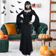 thumbnail image 2 of Women Halloween Dress Fish Tail Hem Slim Fit Irregular Ruffle Cuff Bat Sleeves Gothic Round Neck Solid Color Cosplay Performance Maxi Dress, 2 of 8