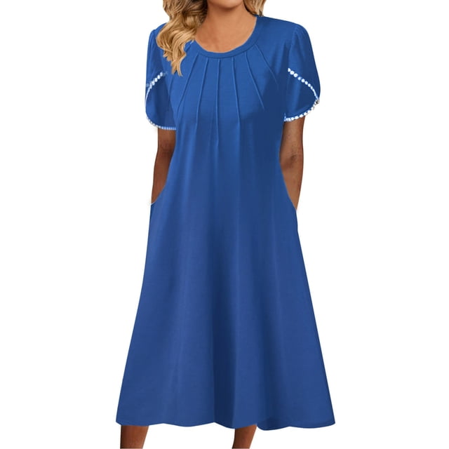 B91xZ Robe Grande Taille Décontractée Ample Manches Courtes Longue Robe Fendue Maxi Été Plage, Bleu TTG