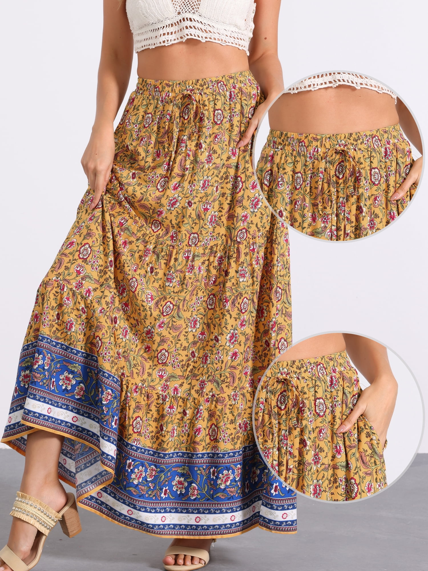DARING DIVA Women's Boho Flare Floral Skirt XL Yellow