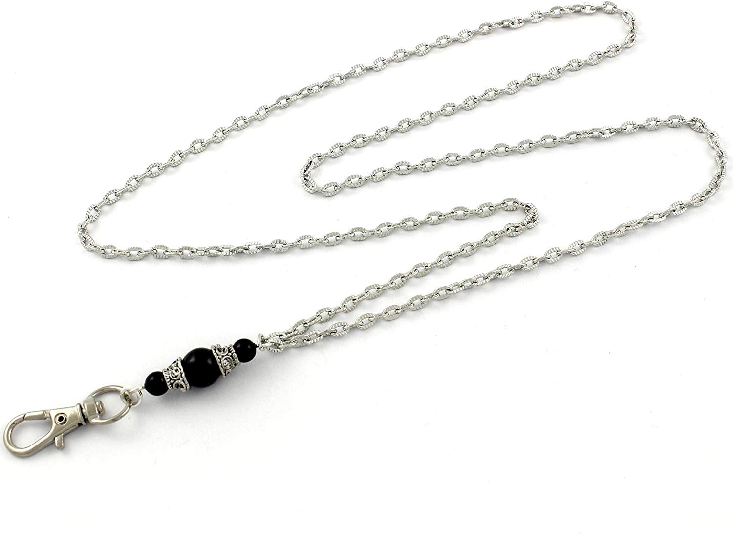 Details about   Beaded Necklace Lanyard holder Black pearls silver flower cruise work id badge 