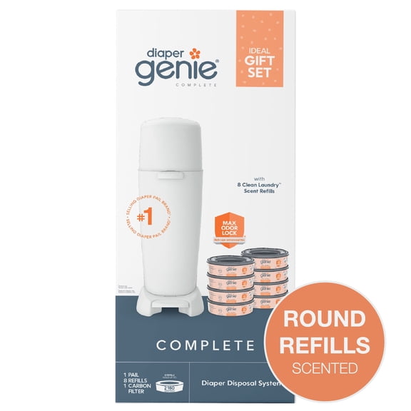 Diaper Genie Complete Gift Set,White,1 Diaper Pail,8 Clean Laundry Scent,Round Refills-2160 Ct