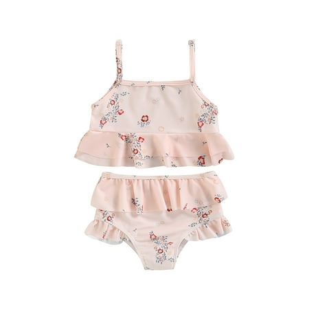 

Toddler Baby Girls Ruffled Swimsuit 2Pcs Bikini Tanks and Shorts Floral Print Bathing Suit Beachwear