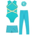 thumbnail image 5 of TSSOE Girls Gymnastics Leotards with Shorts Leggings Scrunchies Sleeveless Sparkly Dance Biketard Ballet Tumbling Outfit Blue Green 14, 5 of 7