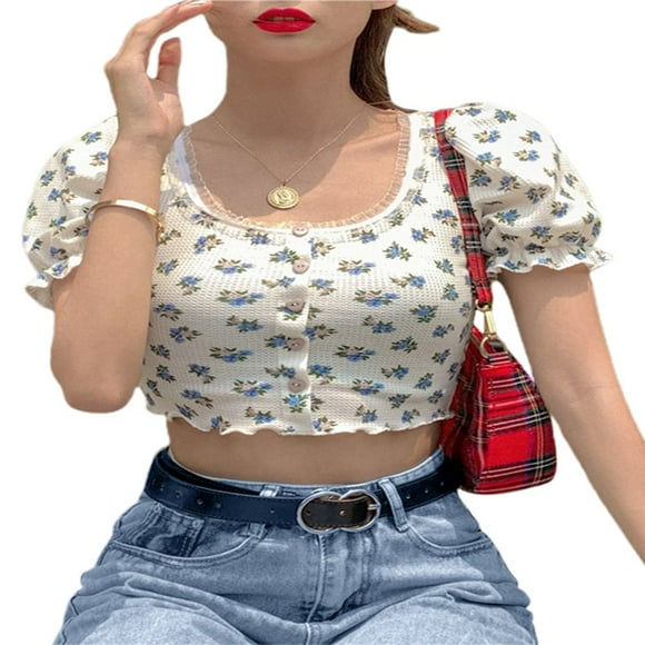 Y2K Clothes Women Teen Girls Short Sleeve Floral Print E-Girl Ruffle Crop Top Fashion Tee Shirts Streetwear