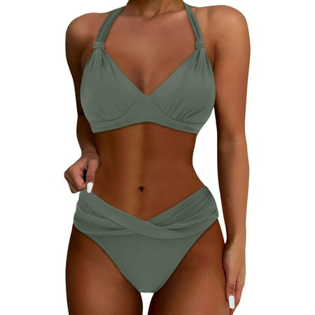Womens Swimsuits Solid Color Lace Up Halter Push Up Bra And Panty Set Vintage Two Piece Tankini Swimsuits For Women Swimwears Holiday Wear Green L