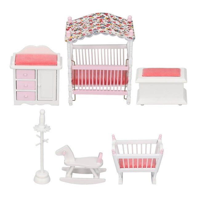 Juego de muebles de dormitorio Yuxing casa de muñecas 1:12 madera rosa y blanca