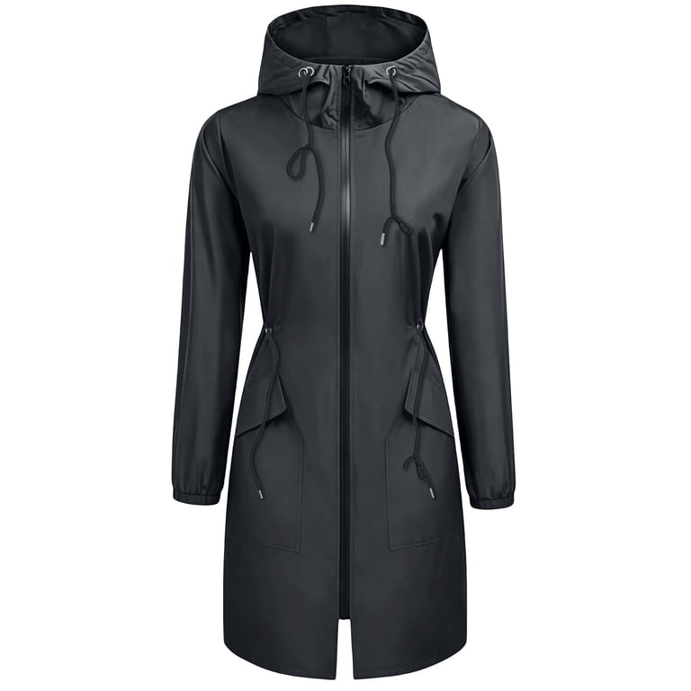 Sexlip Women Mid Length Hooded Trench Jacket Drawstring Hood Waist