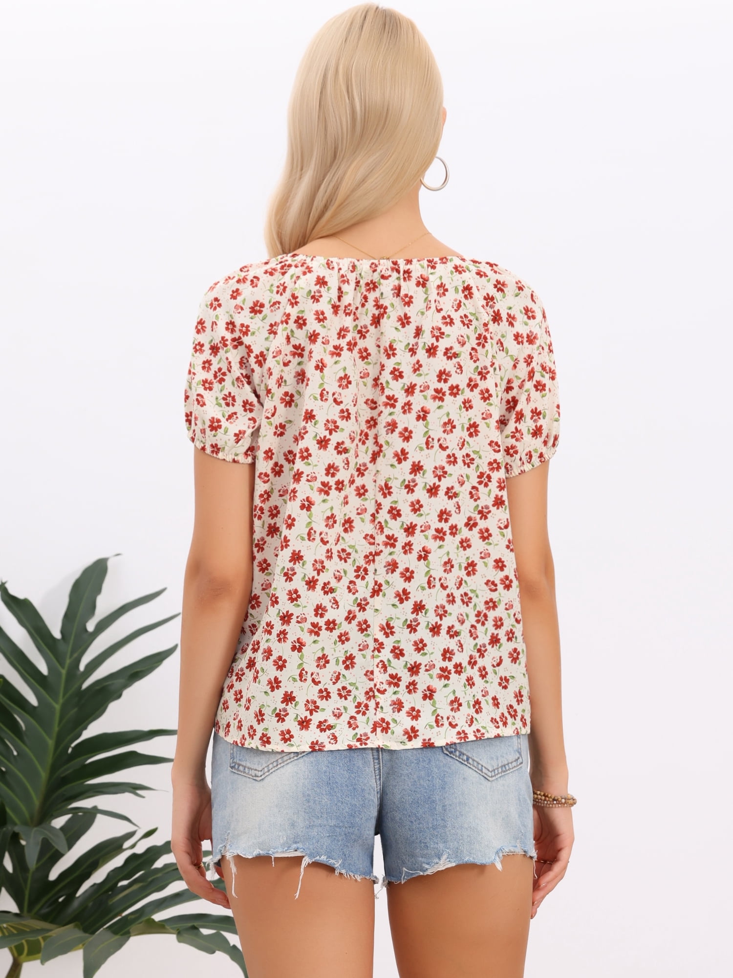 DARING DIVA Women's Floral Babydoll Tops Pleated Scoop Neck Cute Shirt Blouses XS Beige