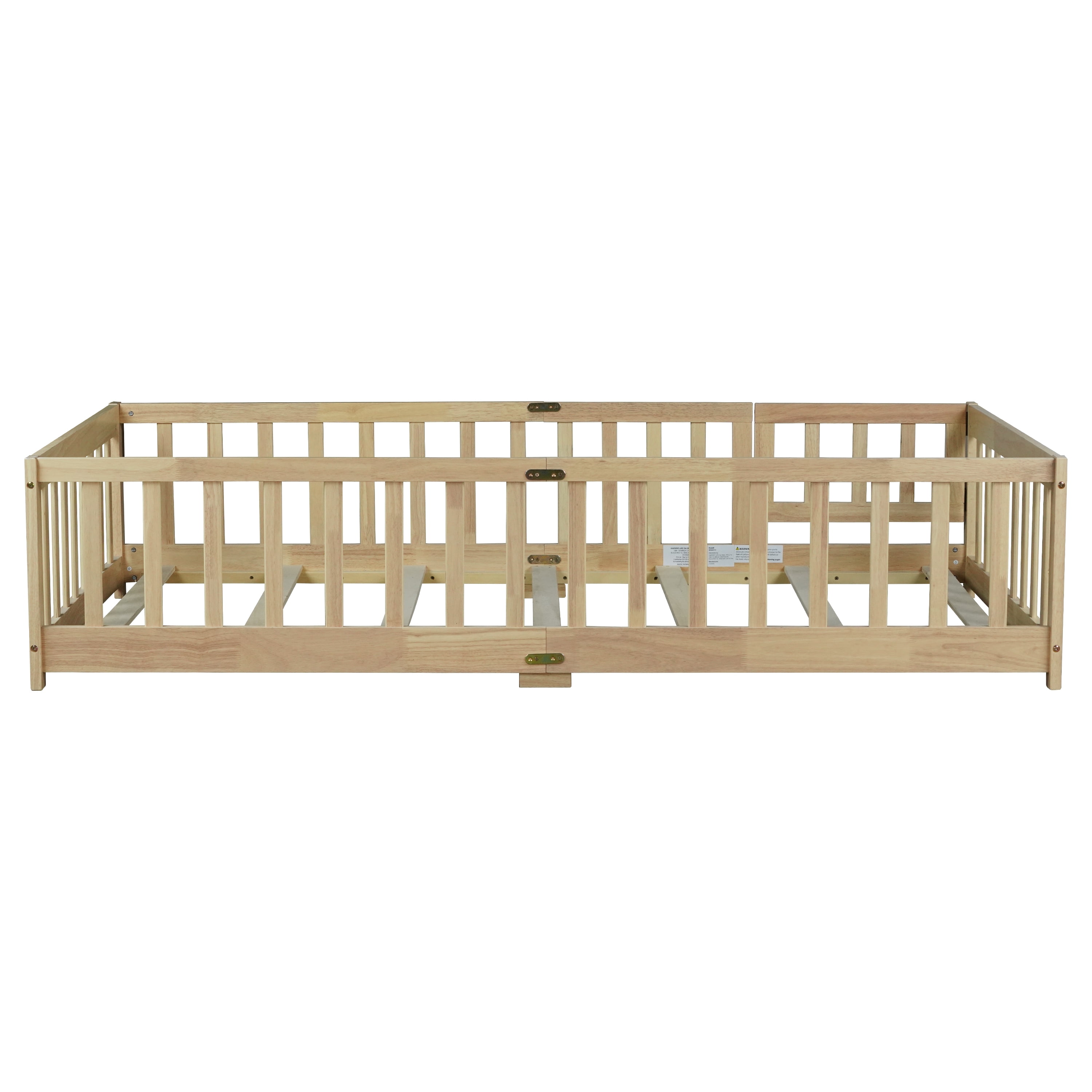Twin Size Floor Bed with Fence and Door, Rubber Wood Floor Bed with Safety Guardrails, Natural