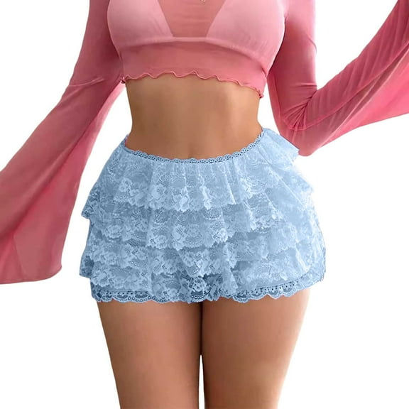 OSOLU Solid Color Women Lace Mini Skirt Low Rise Micro Skirt Asymmetrical Ruffle Hem Flared Lingerie Short Skirts Fashionable Classic Leisure Bottoms