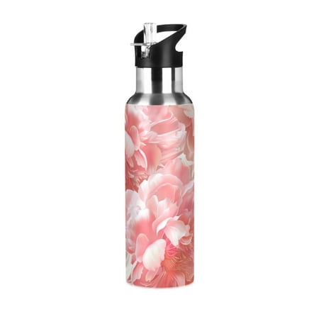 

Blooming Peony FlowersSports Bottle with Straw Stainless Steel Water Jug Portable Thermal Cup Leak-proof 1000ML