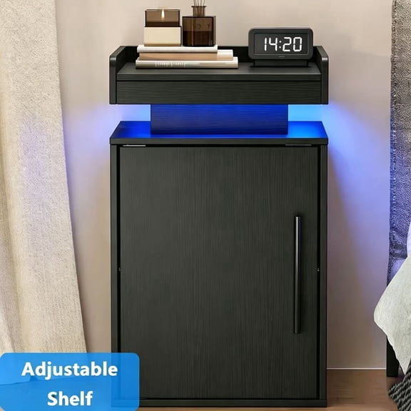 VGBYUJ Nightstand with LED Lights, Wooden Bedside Table with Storage Cabinet and Side Open Shelf, Modern End Table for Bedroom Living Room, Black LED Night Stand