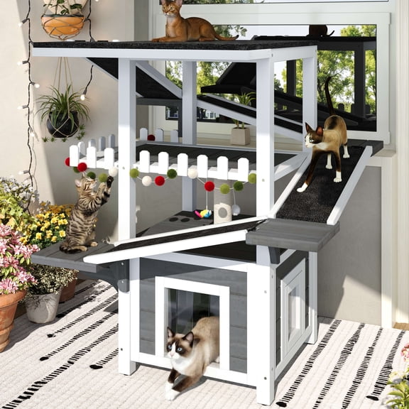 Aukfa 4-Tier Outdoor Cat House with Weatherproof Roof, Wooden Cat Tree with Ramps & Scratching Post, Multi-Level Cat Enclosure for Outside/Inside,White