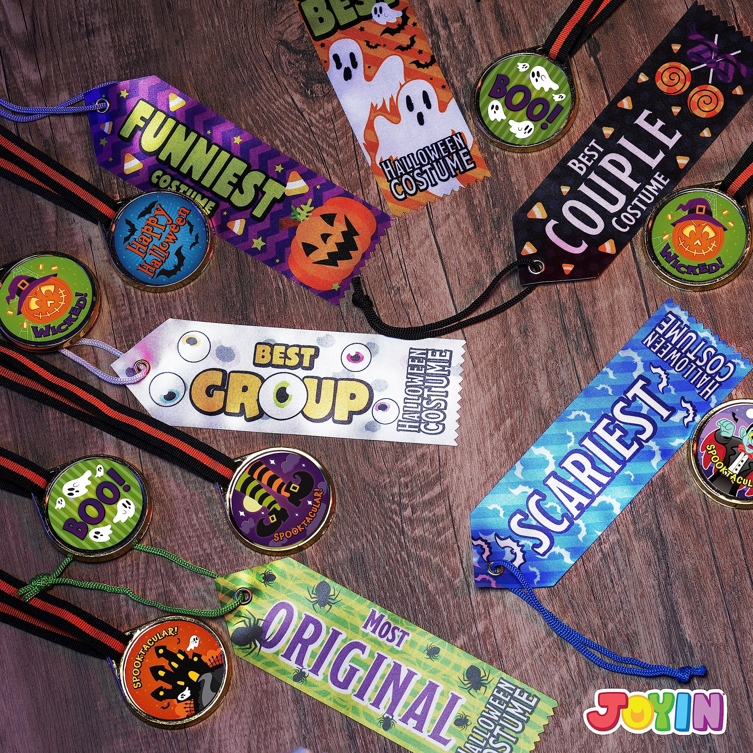 Joyfy 24 Pcs Halloween Carnival Prizes,Halloween Medal Trophies and Trophy Ribbons Games,Best Costume Trophy Halloween for Adults Kids,Halloween Prizes Bulk,Carnival Party Favors
