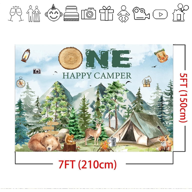 One Happy Camper Birthday Backdrop - 7x5ft Forest Camping Photo Backdrop For Boys' 1st Birthday Party Decorations