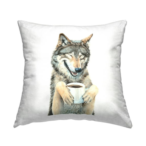 Stupell Industries Happy Wolf with Coffee Square Decorative Printed Throw Pillow, 18 x 18