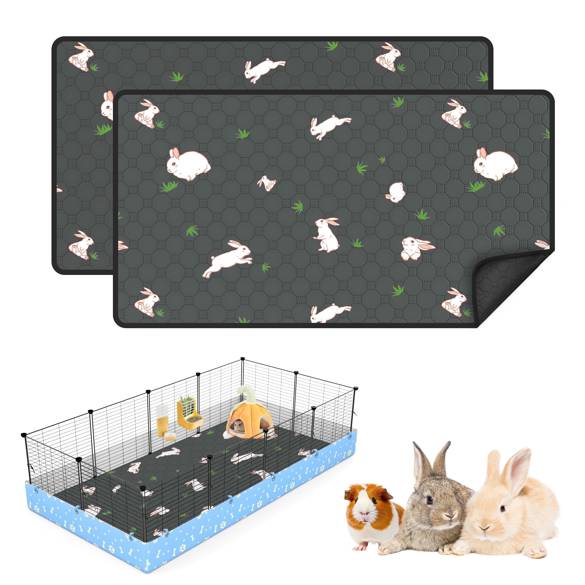 2 Pack Washable Guinea Pig Cage Liners for Midwest and C&C Cages, 47”x 24” Reusable Leakproof and Anti-Slip Guinea Pig Pee Pads, Fleece Liners for Hamster Rabbit