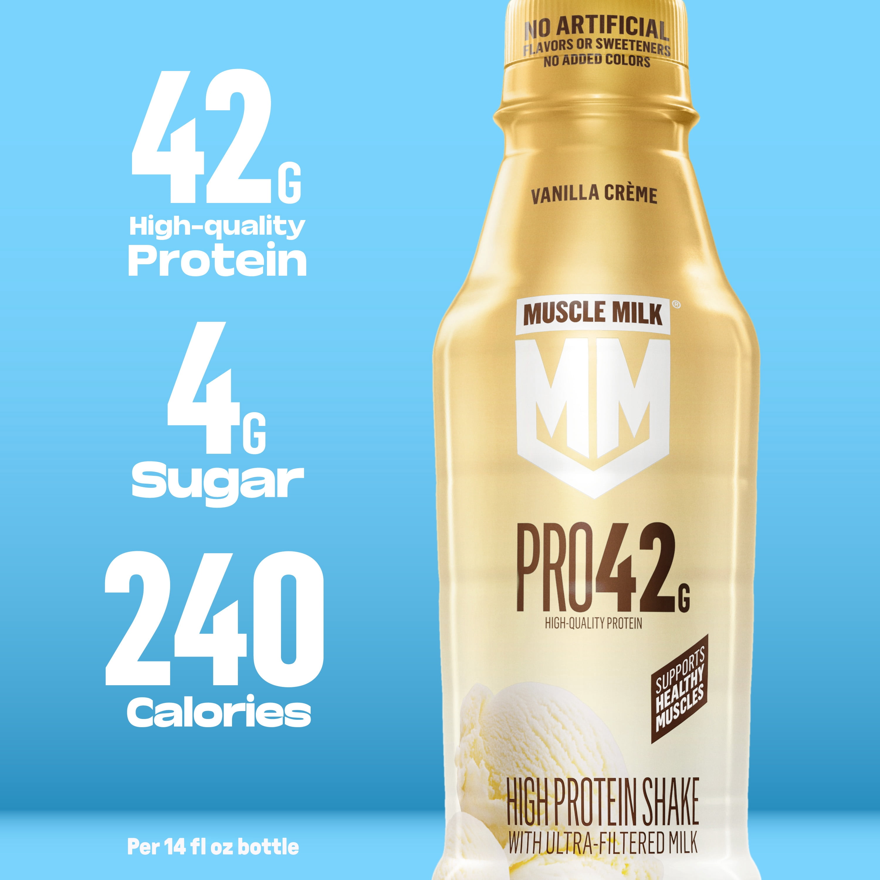 Muscle Milk Pro No Artificial Flavors, Sweeteners, or Added Colors Vanilla Creme High Protein Shake, 14 fl oz Bottle