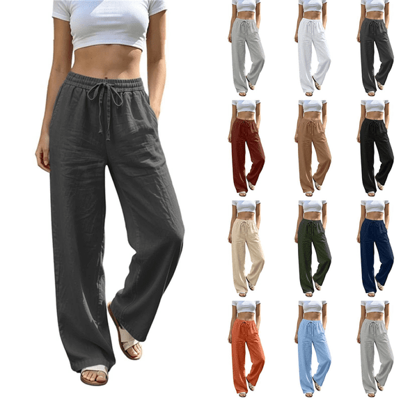 Liuinsasek Women's Loose-Fit Pants Elastic Waistband and Drawstring High-Waisted Stylish and Versatile Solid-Color with Pockets