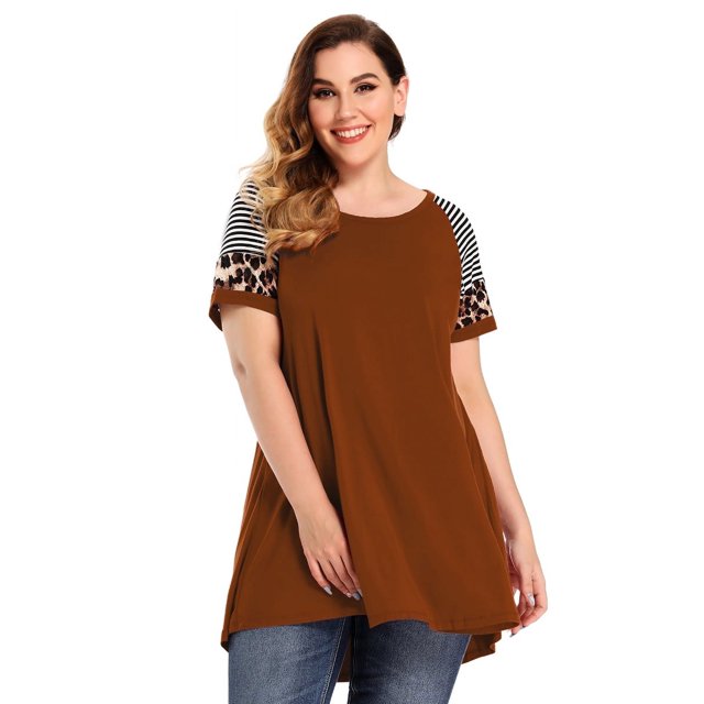 LARACE Tuniques et Hauts Grande Taille pour Femmes, Col Ras du Cou, Manches Courtes, Blouse T-Shirts, Orange Foncé 1X