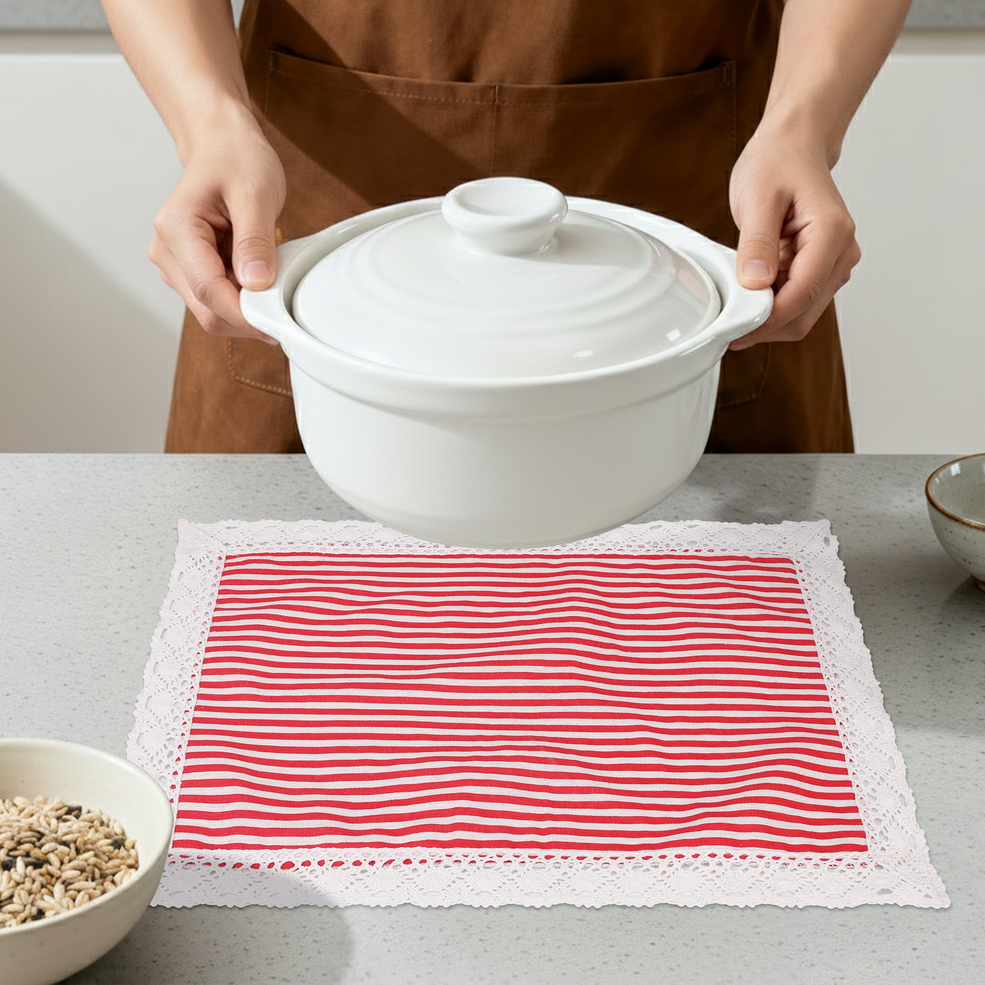 Unique Bargains Set of 6 Rustic Washable Table Mat Placemats with Lace Trim Red