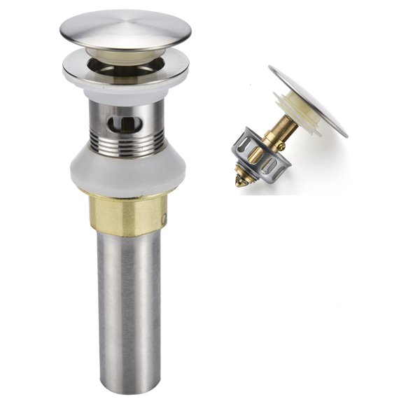 Rockgoya Tapón de drenaje para fregadero de baño, fregadero de baño con desbordamiento, conjunto de drenaje emergente con cesta de colador desmontable, colador antiobstrucción incorporado, acero inoxi