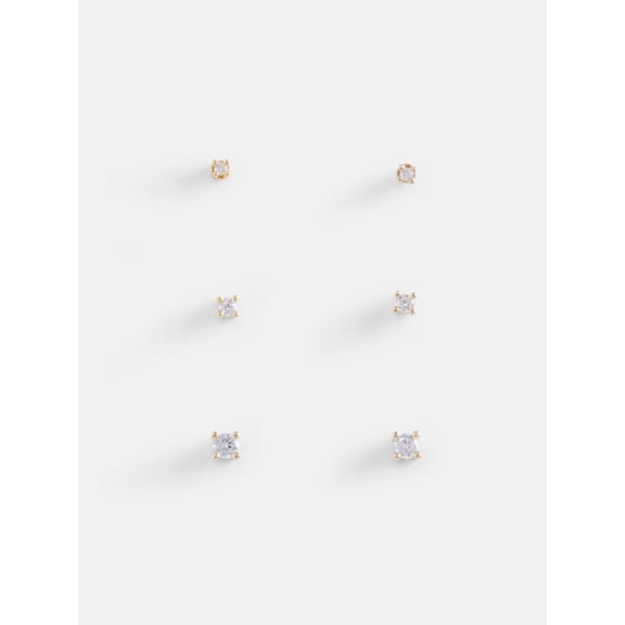 Free Assembly Women's Demi Fine 14K Gold Plated Cubic Zirconia Flat Back Stud Earring Set, 3-Pairs