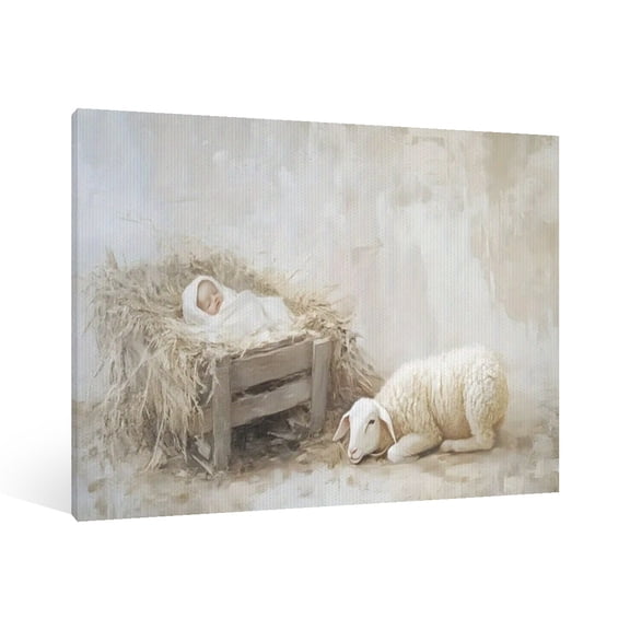 Vintage Jesus Nativity With the lamb Scene Canvas Wall Art Paint Framed , Christian Watercolor Jesus Wall Art Decor,Christmas Wall Religious Artwork for Home Living Room,Bedroom Wall Decor
