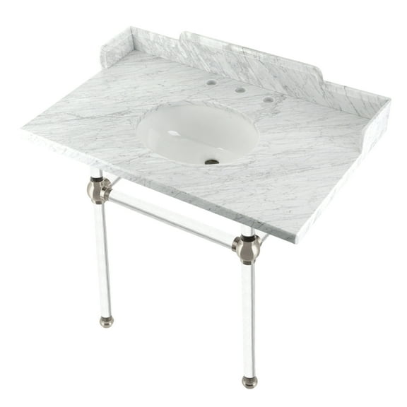 Kingston Brass LMS3630MA8 Pemberton 36" Carrara Marble Console Sink with Acrylic Legs (8-Inch, 3-Hole), Carrara Marble White/Brushed Nickel
