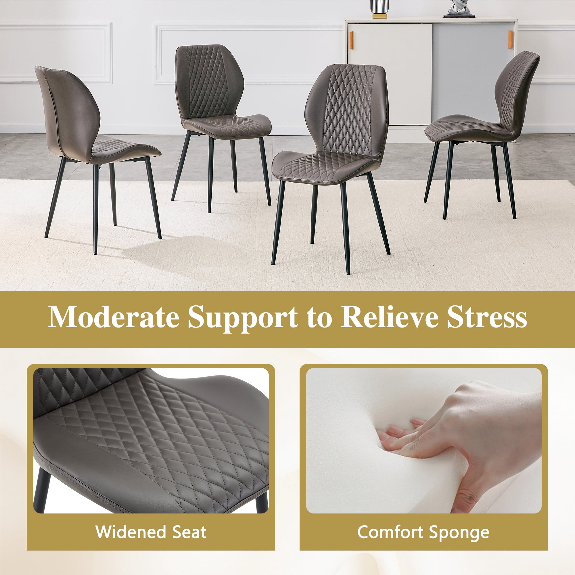 MOONMISS Dining Chairs Set of 4,Modern luxury Diamond-Quilted PU chairs with black metal legs for Dining Room Living Room,Dark Gray