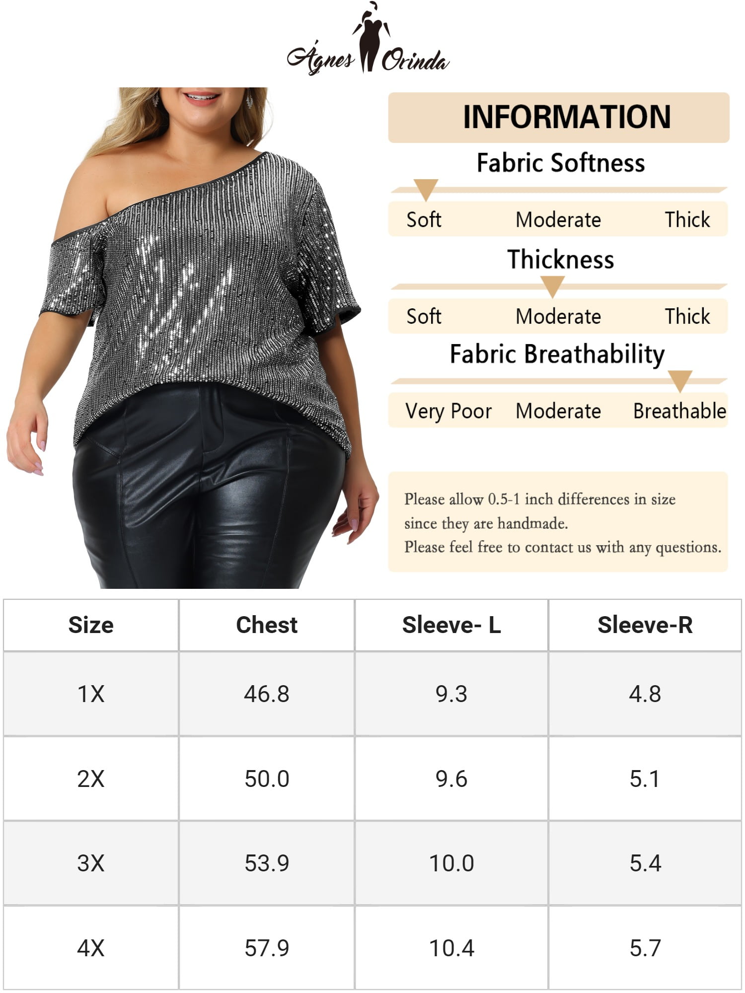 Women's Plus Tops One Shoulder Short Sleeve Metallic Blouses Party Sequin Tops 4X Silver