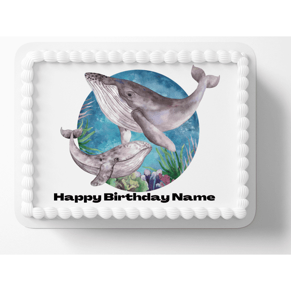 Whale Family Watercolor Image Edible Cake Topper You add to Your Own Cake to fit a 1/4 to 1/2 sheet cake 10" by 8" Rectangle Edible Frosting Fondant Sheet