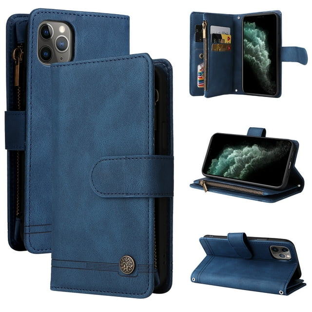Étui pour iPhone 11 Pro Max, Étui Portefeuille à Fermeture Éclair avec Poche, Protecteur Magnétique - Bleu