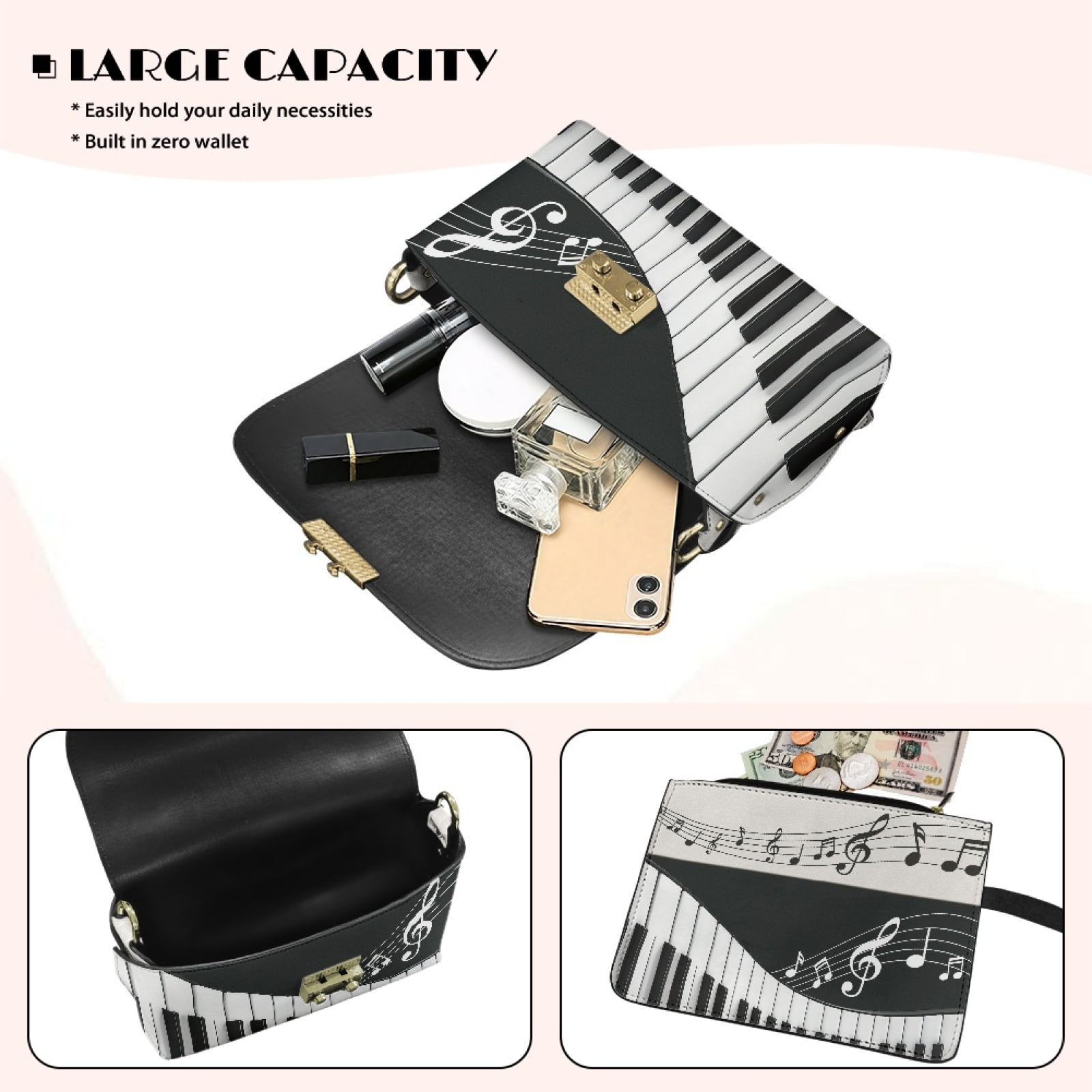 SCRAWLGOD Piano Musical Notes Print Black White Crossbody Bags for Women Leather Small Cross Body Purse Lightweight Shoulder Bag Handbags with Small Shoulder Purses