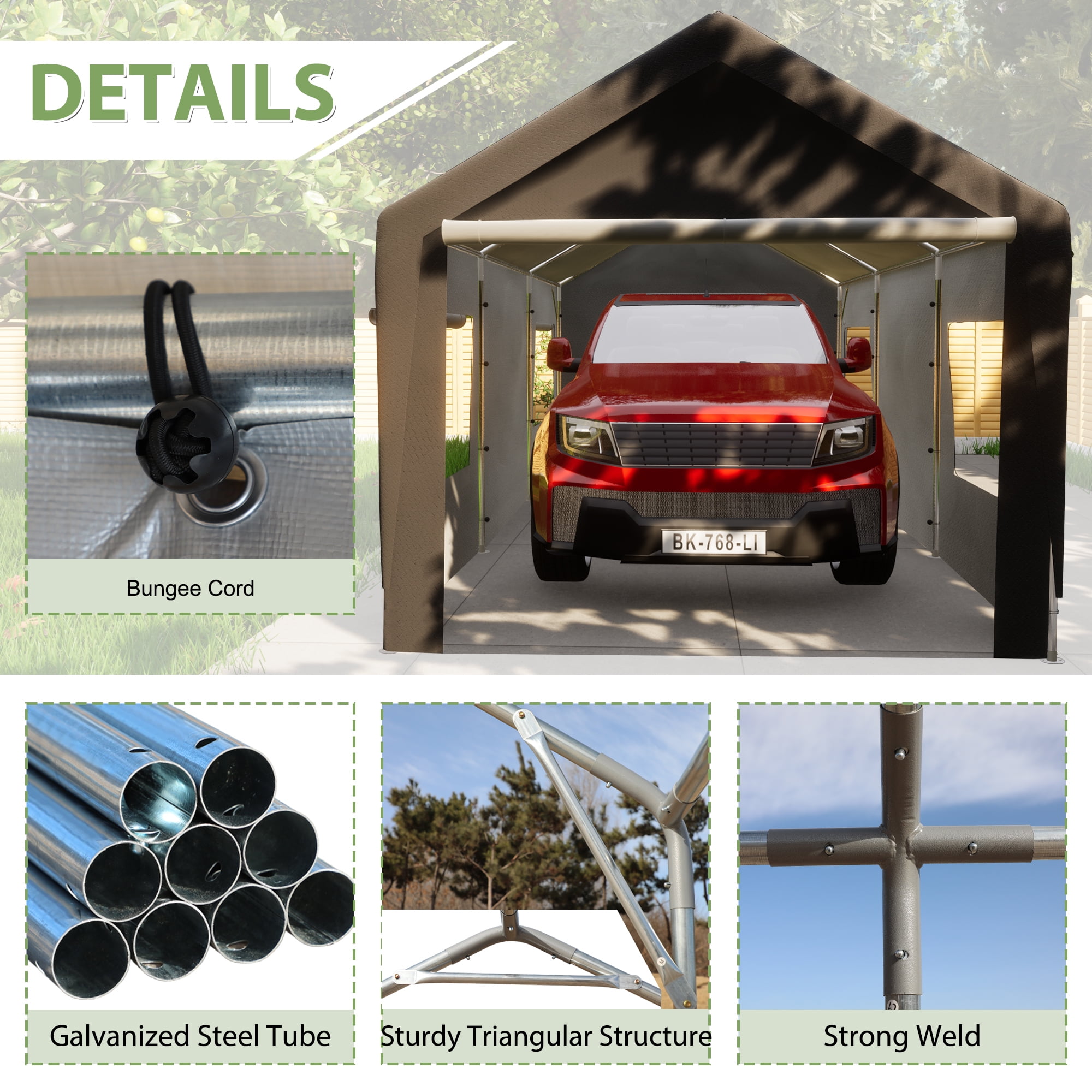 GZXS 10ft x 20ft Heavy Duty Canopy Tent with Roll-up Ventilated Windows, Garage Carport with Steel Frame, Removable Sidewall & Door, Gray