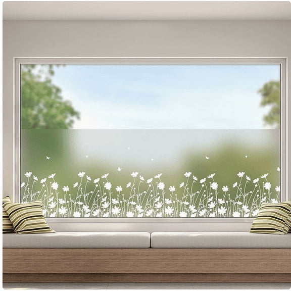 [VELVINEA] Window Privacy Film, White Floral Frosted Static Cling Glass Film, Non-Adhesive Window Cling for Bathroom and Living Room (17.7X78.7IN)