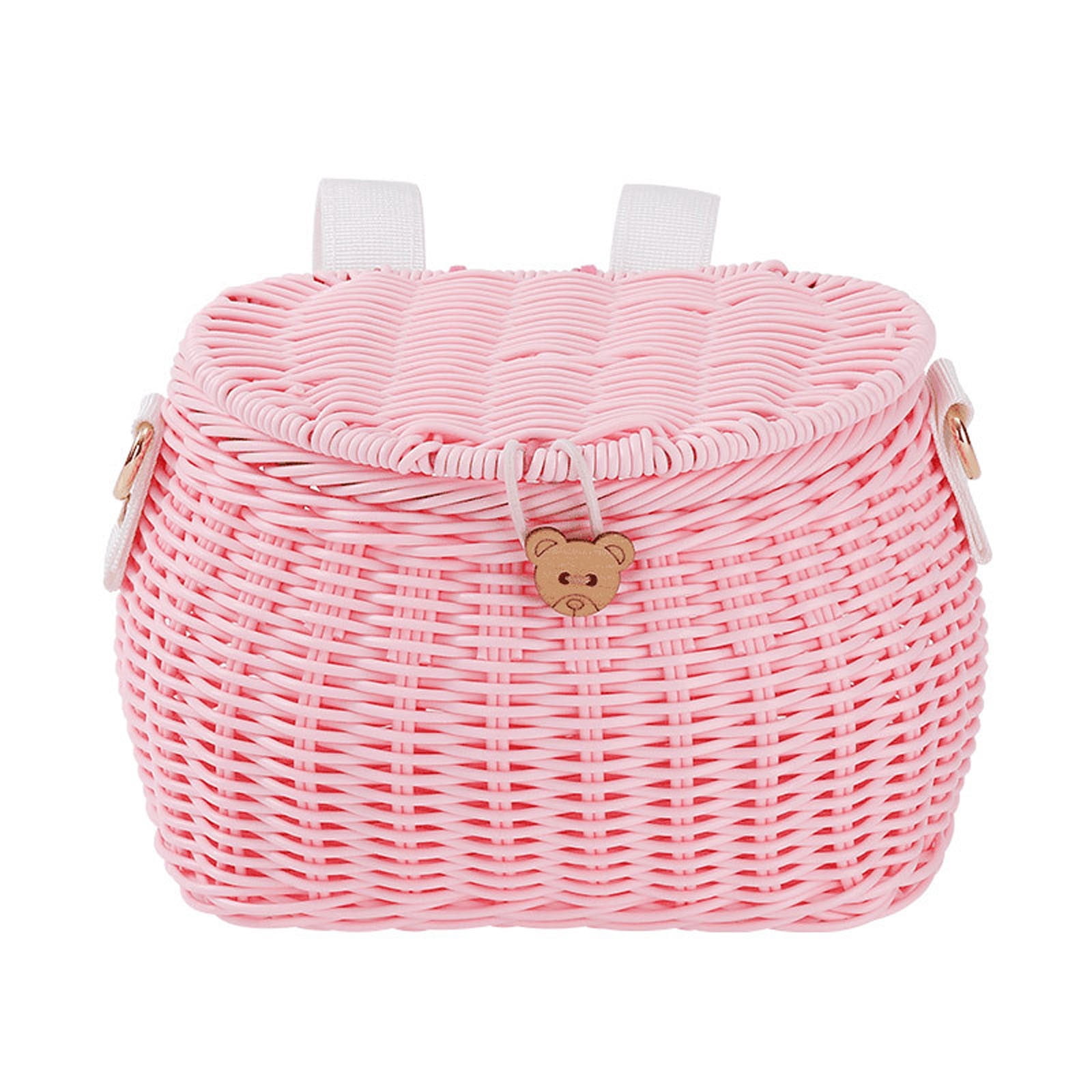 YIGOUMY-19cm PP Woven Bike Basket with Lid, Brown Bear Design Front Basket for Bicycle, Det Storage Basket with Strap for Scooter (Pink)