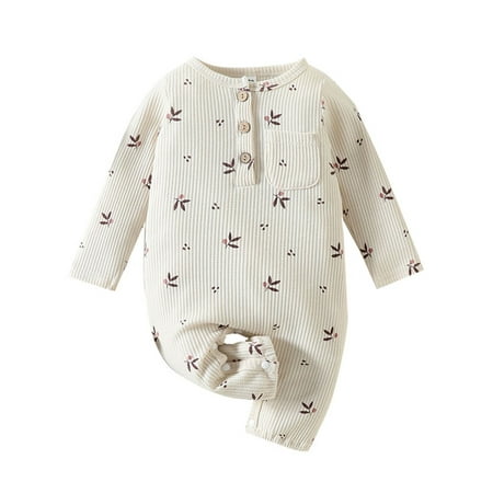 

Grianlook Infant Cute Grass Print Romper Buttons One Piece Bodysuit Party Crew Neck Jumpsuit Beige 80cm